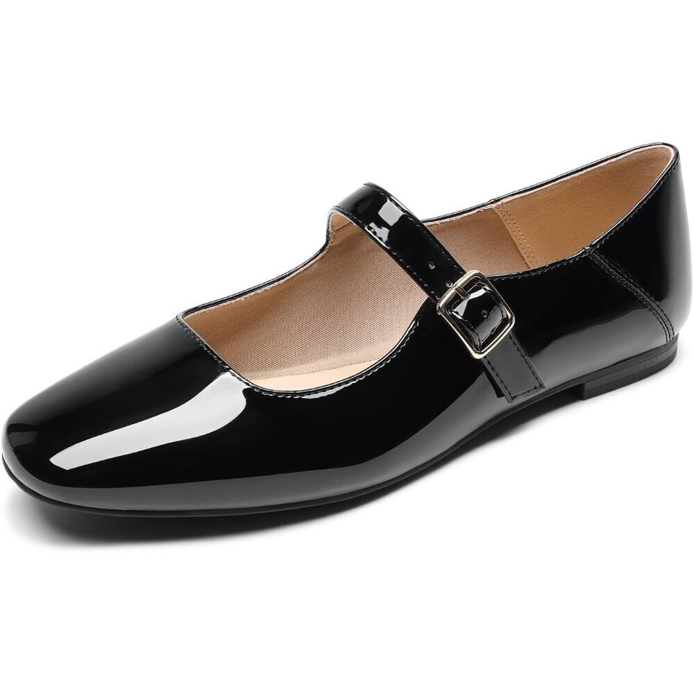 Dream Pairs Women's Black-Pat Faux Leather Square Toe Buckle Strap Ballet Flats